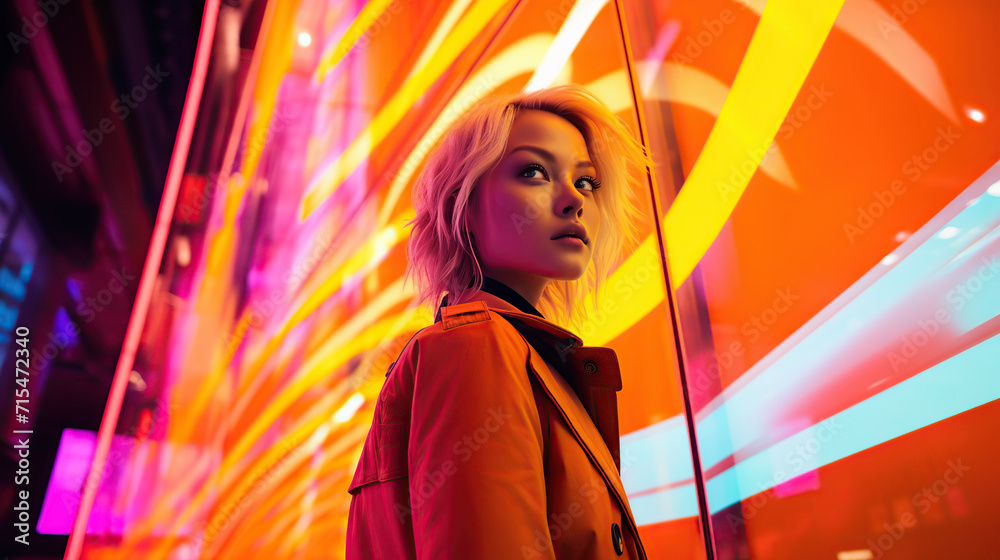 A woman stands confidently in front of a mesmerizing backdrop of vibrant neon lights A woman stands confidently in front of a mesmerizing backdrop of vibrant neon lights