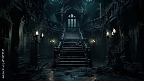 A decaying  haunted mansion engulfed in darkness  its spectral corridors and hollow chambers giving rise to an unnerving sensation of unseen  lurking malevolence. - Generative AI