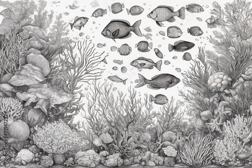Hand drawn underwater natural elements. Sketch of reef corals and swimming fishes. Monochrome horizontal illustration of sea life. Black and white coloring page. Generative Ai