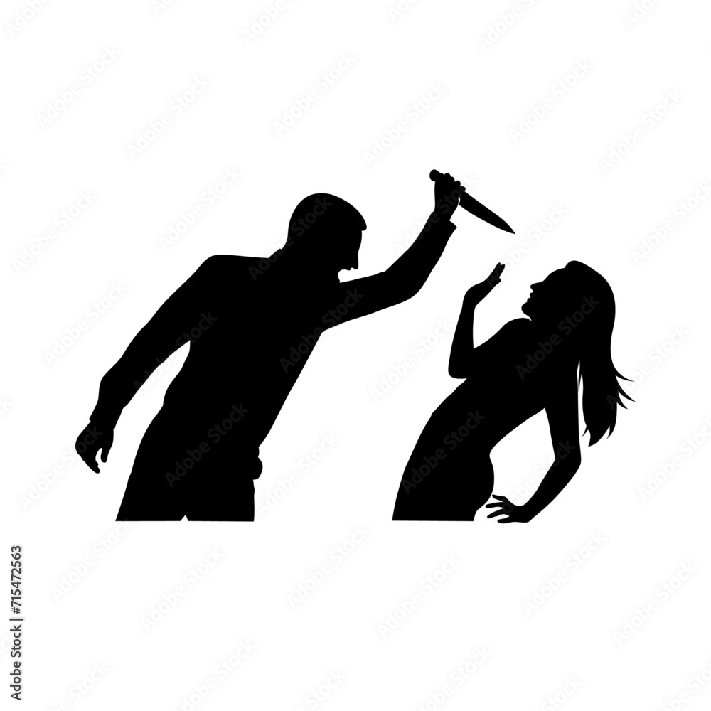 Killer man holding knife in hand attack victim woman silhouette