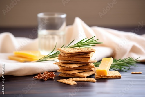 pile of rye crackers, edam cheese wedges beside, neutral cloth