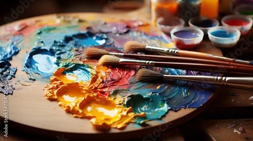 Close up of vibrant artist s palette and dynamic paintbrushes illuminated by studio lighting