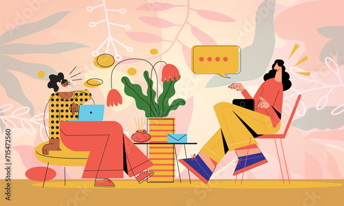 Men and women cartoon work using laptop, reading books vector illustration. Design related to business, workplace, modern online work from home concept.