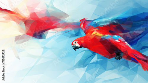 Illustration polygonal drawing of blue wing macaw bird with tropical leaf. Ara parrot. Macaw. Photo realistic photo