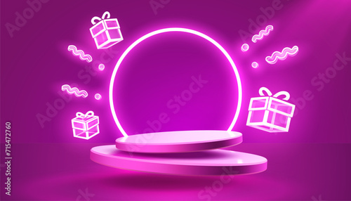 Gift scene mega sale, shopping podium banner, neon night pedestal. Vector illustration