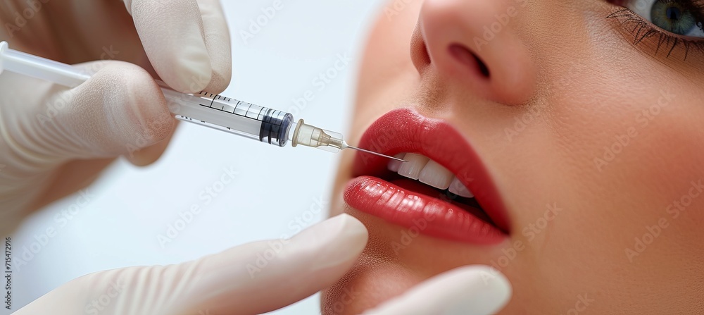 Aesthetic medicine doctor performing local lip injection on woman with copy space for text Aesthetic medicine doctor performing local lip injection on woman with copy space for text