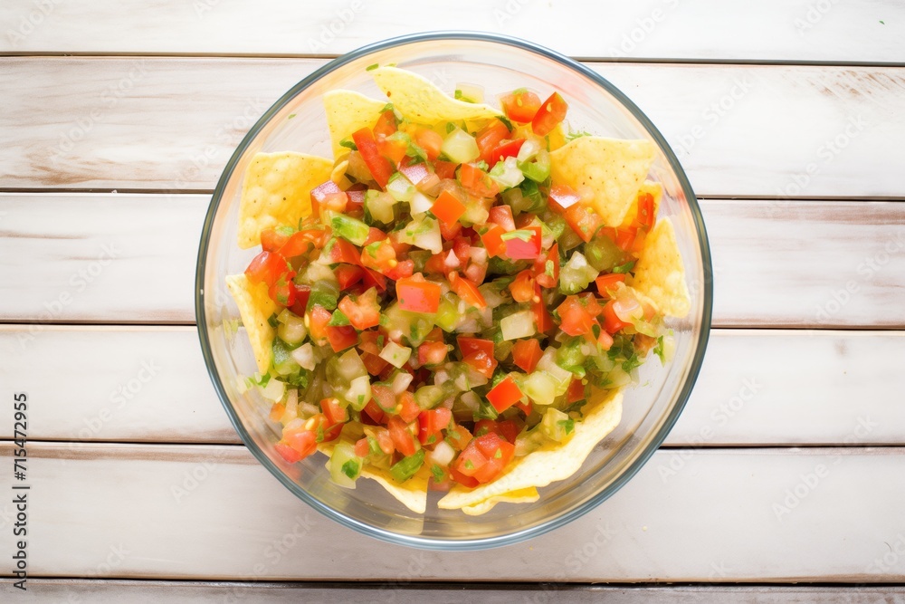 transparent bowl of chunky salsa with chips radiating out, overhead angle