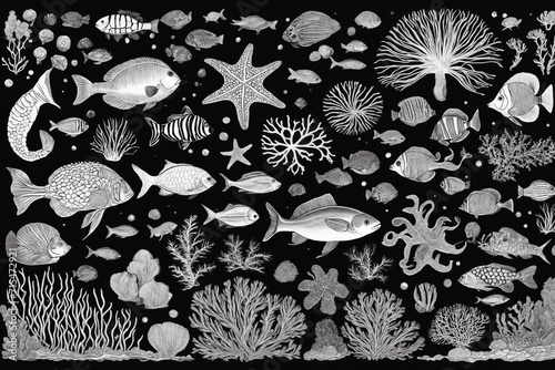 Hand drawn underwater natural elements. Sketch of reef corals and swimming fishes. Monochrome horizontal illustration of sea life. Black background. Generative Ai © SOLOTU