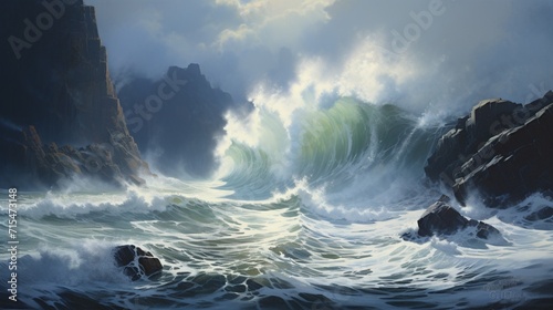 A dramatic coastline with towering cliffs, waves crashing against rugged rocks, illustrating the fierce and awe-inspiring power of the ocean. - Generative AI
