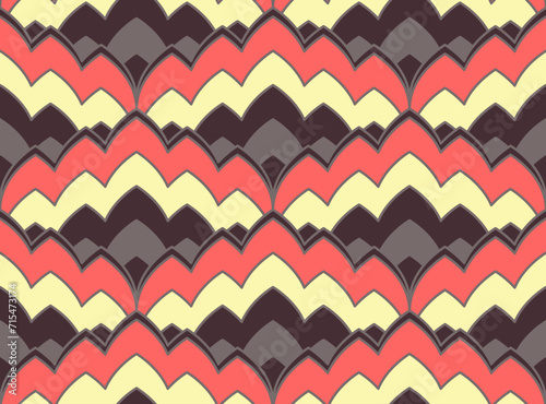 Seamless pattern with geometric flame stitch style motifs. Bright retro repeat wallpapaer