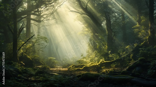 A Mesmerizing Vision, Dreamy Sunlight Pierces Through a Mist-Laden Enchanting Forest, Unveiling Nature's Ethereal Beauty - Generative AI