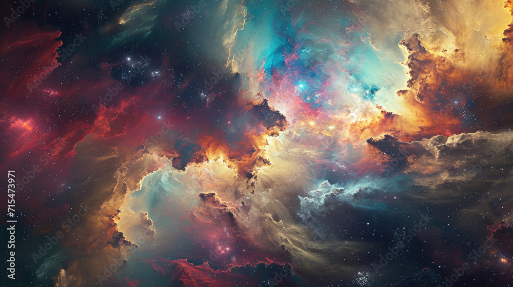 Galaxy panorama background, abstract interpretation with colorful cosmic clouds and star explosions