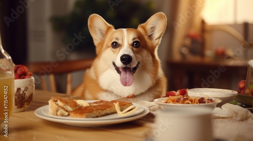 Corgi at the kitchen table. Dog steals food, pet behavior photo