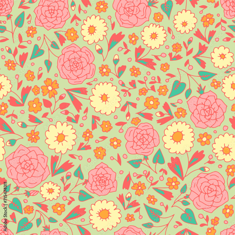 Seamless ditsy floral pattern with green background. Hand drawn nature backdrop with tiny flowers motif.