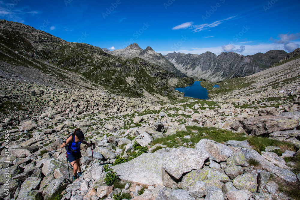 Naklejka premium Young hiker girl summit to Montardo Peak in AIguestortes and Sant Maurici National Park, Spain