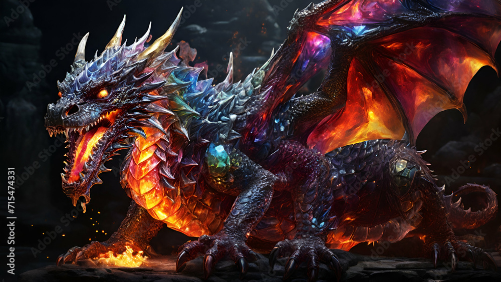 A majestic, multi-colored glass dragon with shimmering scales and ...