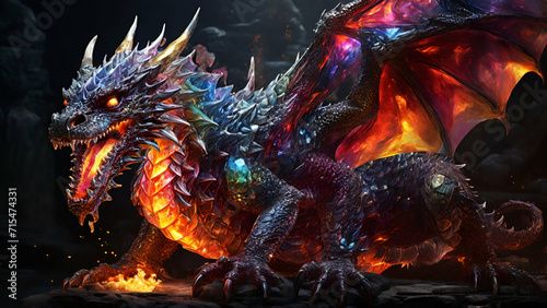 A majestic, multi-colored glass dragon with shimmering scales and piercing eyes, breathing a blazing inferno from its open maw.