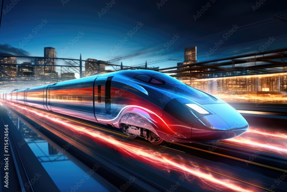 A futuristic train is traveling at high speed along the rails against the background of the city