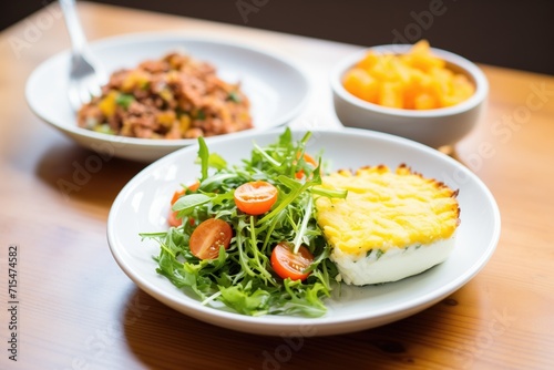 shepherds pie with a side salad and creamy dressing