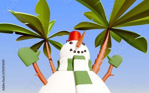 A snowman standing under pal trees. 3d rendering of a concept of escaping to warm climate