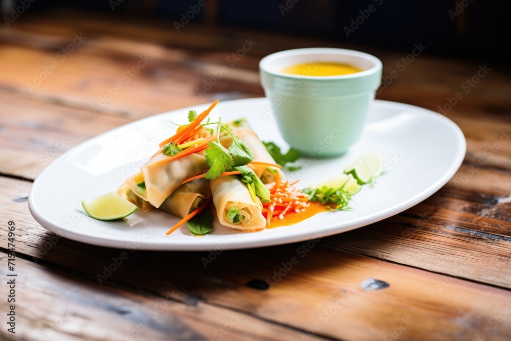 spring rolls with dipping sauce on a plate spring rolls with dipping sauce on a plate