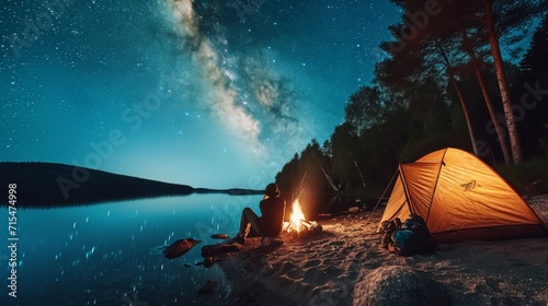 a man is camping with a campfire photo