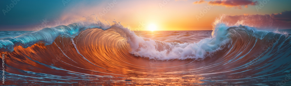 giant wave is breaking in the ocean at sunset, with the sun on the horizon and a orange sky - obrazy, fototapety, plakaty 