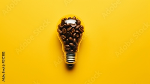 Caffeine creativity: illuminating concepts with a coffee bean light bulb on vibrant yellow background - good ideas start with great coffee photo