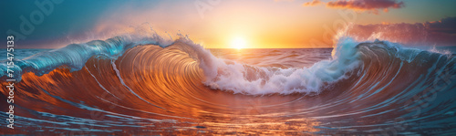 giant wave is breaking in the ocean at sunset, with the sun on the horizon and a orange sky photo