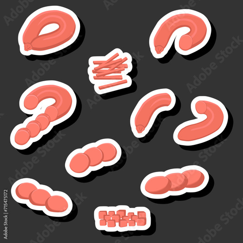 Illustration on theme big set different types delicatessen meat sausages