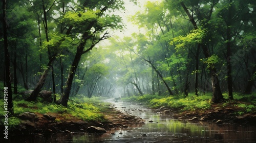 A forest grove in the midst of a gentle rainfall  rain-kissed leaves and a serene ambiance that highlights the raw beauty of nature in motion - Generative AI