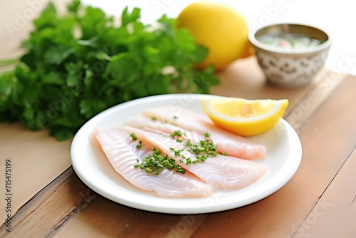 zesty lemon halves and fresh parsley next to cooked sole