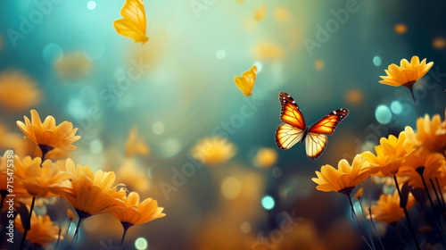 Abstract natural spring background with butterflies and light orange dark meadow flowers closeup.