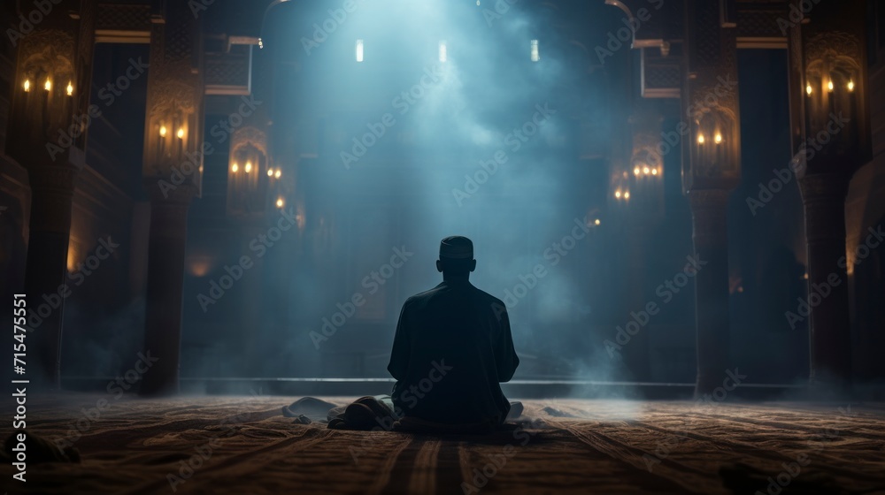 Silhouette of Muslim man worshiping and praying for fasting and Islamic Eid culture in old mosque with lighting and smoke background, copy space - generative ai - obrazy, fototapety, plakaty 