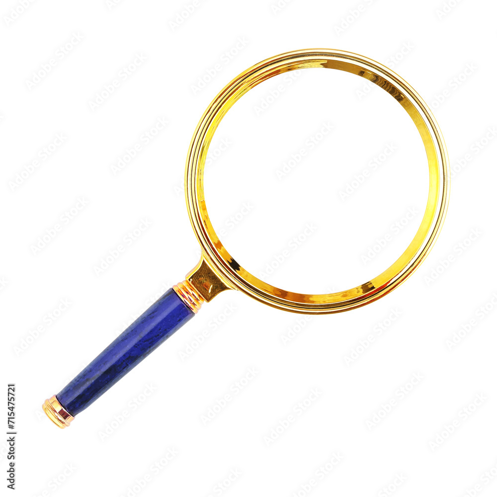 One magnifying glass lies on a white and transparent background. View from above. PNG. One magnifying glass lies on a white and transparent background. View from above. PNG.