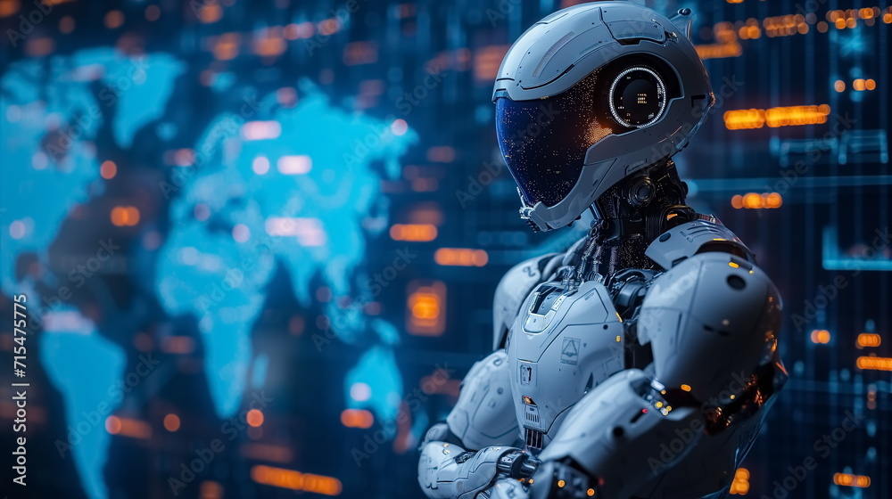 Robot arm crossed, Humanoid robot standing on blue world map icon background. Generated AI. Robot arm crossed, Humanoid robot standing on blue world map icon background. Generated AI.
