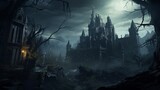 A forsaken, ghostly castle with crumbling turrets and shattered battlements, its labyrinthine halls echoing with ghostly whispers - Generative AI