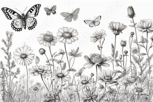 Hand drawn blooming flowers and butterflies on blank background. Black and white wildflowers and insects. Monochrome elegant floral composition in vintage style. Generative Ai