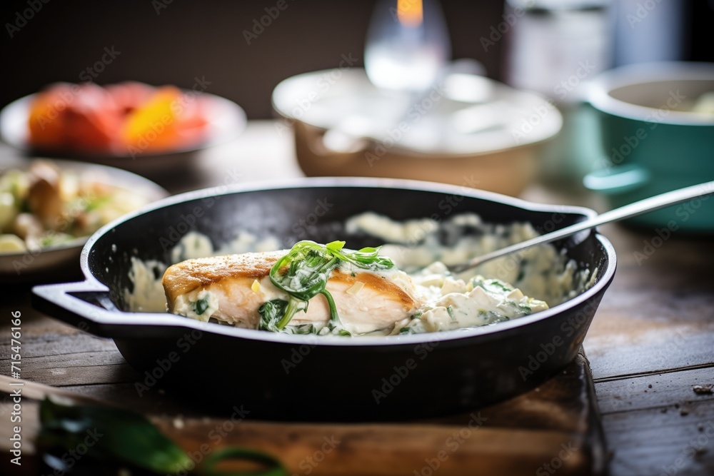 a skillet with spinach and feta stuffed chicken in a creamy sauce, wooden spatula on the side