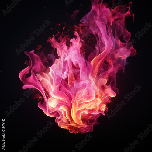 Tongues of pink fire on clear black background, pink flames and sparks background design