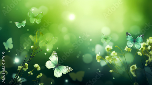 Abstract natural spring background with butterflies and dark green marsh meadow flowers closeup.