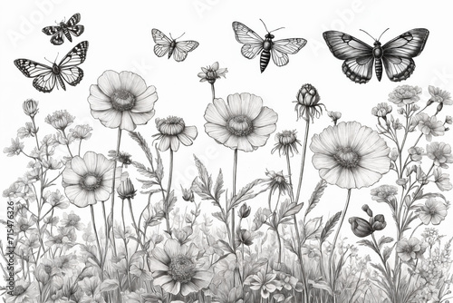 Hand drawn blooming flowers and butterflies on blank background. Black and white wildflowers and insects. Monochrome elegant floral composition in vintage style. Generative Ai