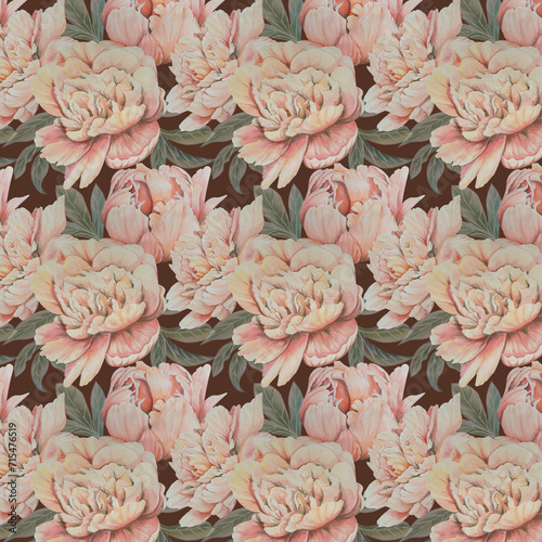 Floral pattern watercolor peonies, spring pattern retro, vintage