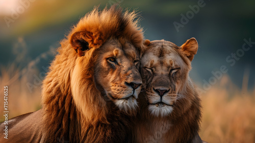 Banner of loving lion couple. Valentine s Day concept 