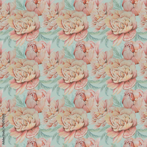 Floral pattern watercolor peonies, spring pattern retro, vintage