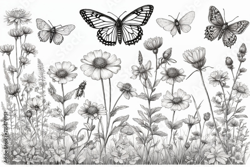 Hand drawn blooming flowers and butterflies on blank background. Black and white wildflowers and insects. Monochrome elegant floral composition in vintage style. Generative Ai