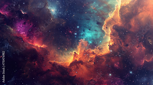 Galaxy panorama background, abstract interpretation with colorful cosmic clouds and star explosions