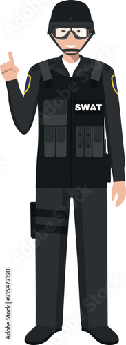 Standing SWAT Policeman Officer in Traditional Uniform Character Icon in Flat Style. Vector Illustration.