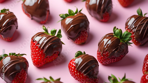 Fresh strawberries covered chocolate on pink background photo