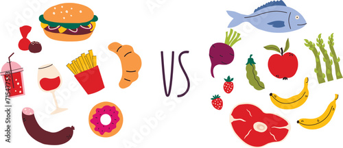 Healthy vs unhealthy food flat vector illustration. Concept of choosing between good and bad nutrition.